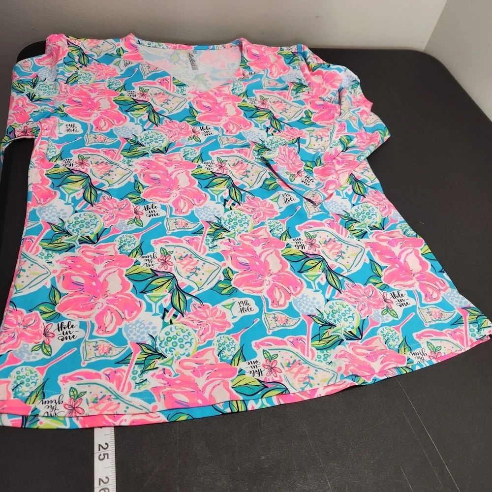 Lulu-B Womens Golf Floral V-Neck Top Blue Pink Hole In One 3/4 Sleeve Medium - Picture 3 of 10